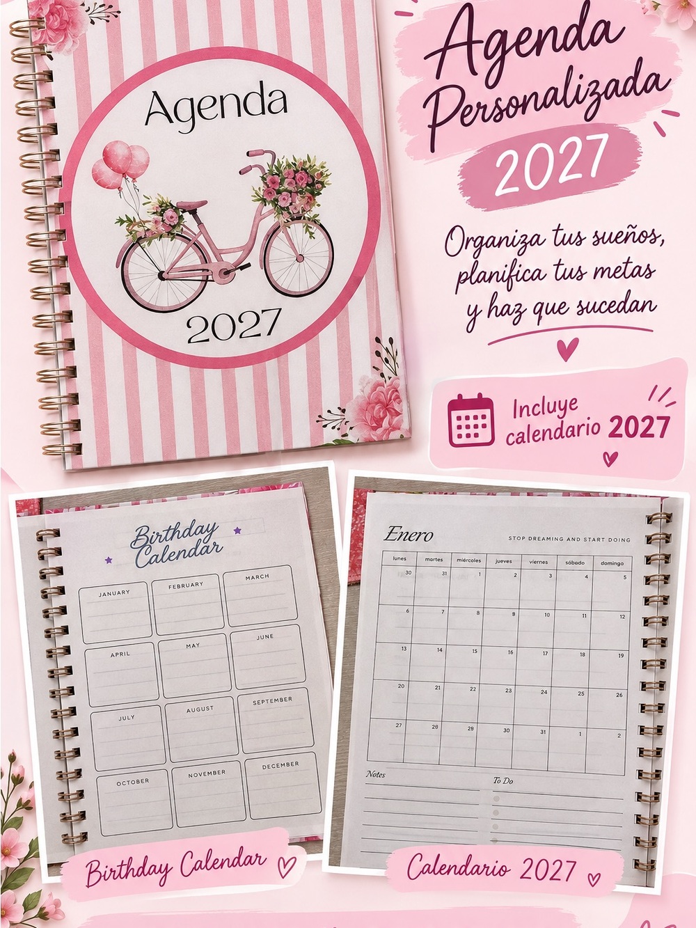 Personalized 2027 Pink Striped Agenda with Floral Bicycle Cover